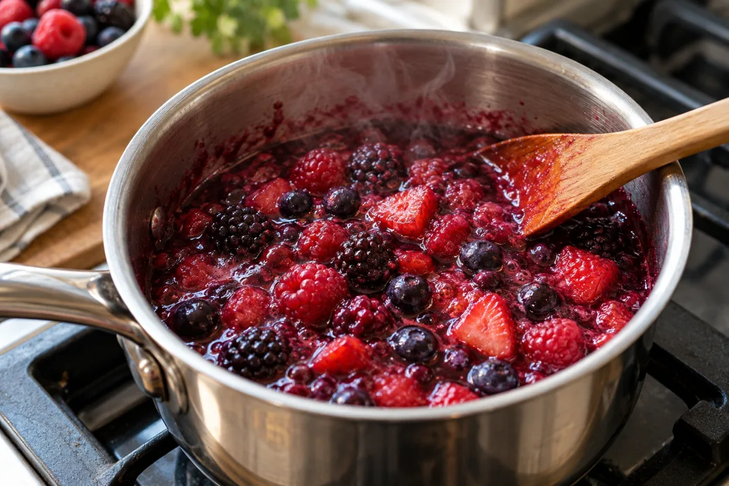 A cooked sauce can use released berry juice as part of its formulation A cooked sauce can use released berry juice as part of its formulation.