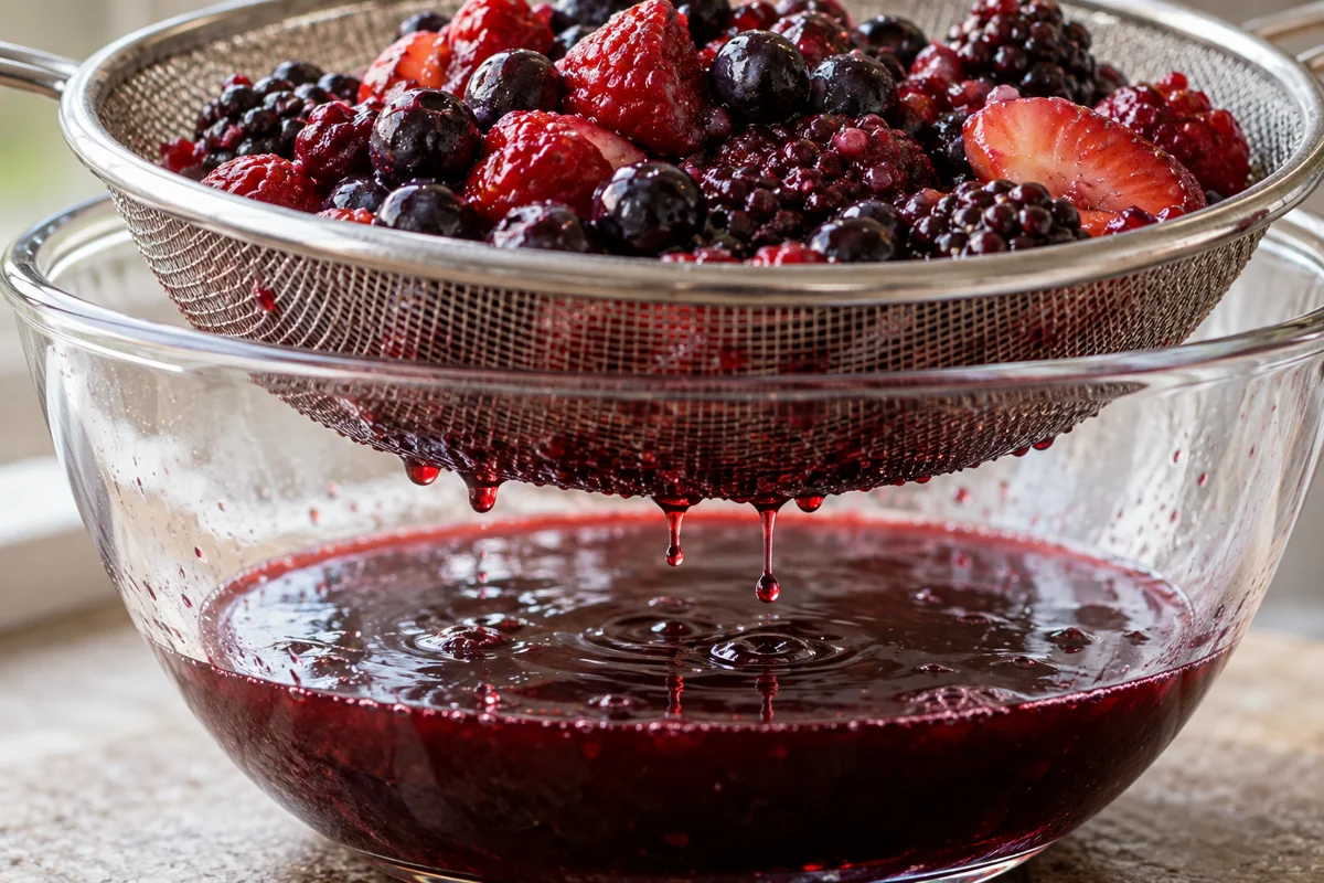 Released berry juice collected below a strainer Released berry juice collected below a strainer