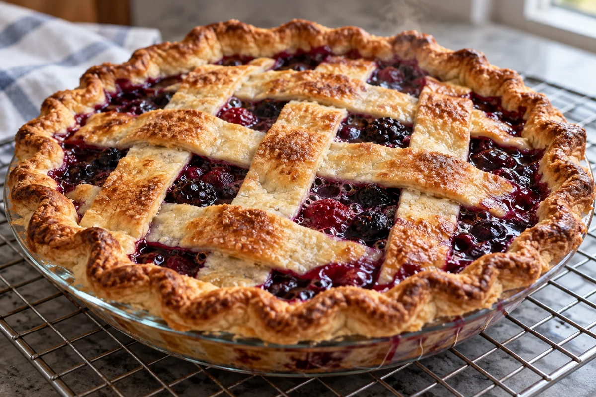 Berry filling bubbling through the center of a baked lattice pie Berry filling bubbling through the center of a baked lattice pie