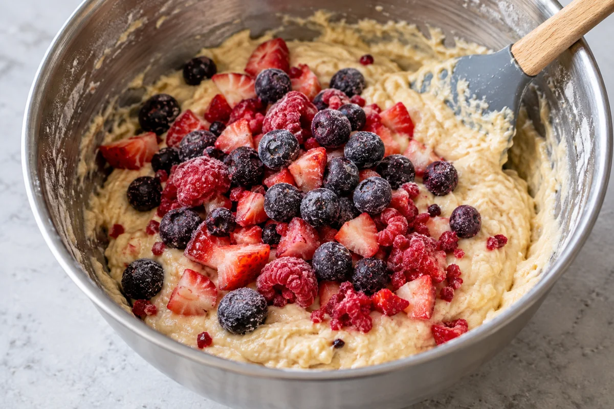 Frozen mixed berries added to thick muffin batter Frozen mixed berries added to thick muffin batter