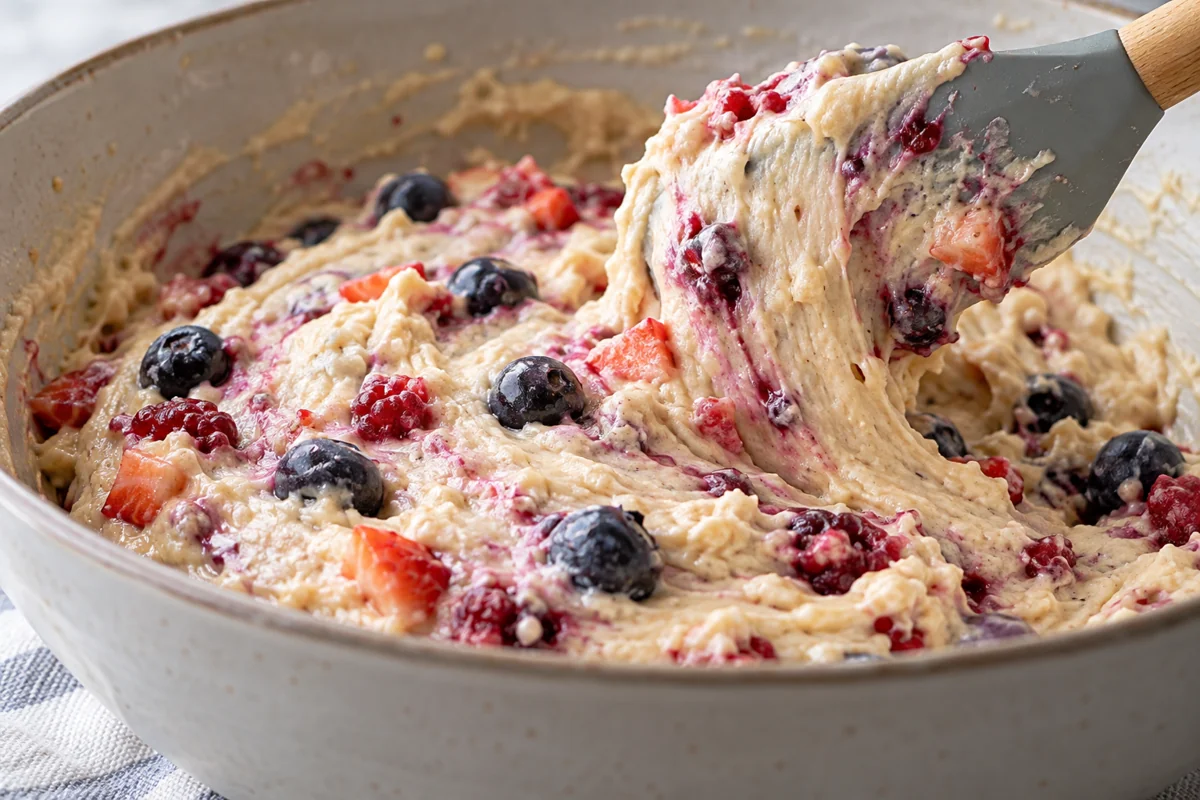 A partial fold distributes berries through thick muffin batter A partial fold distributes berries through thick muffin batter