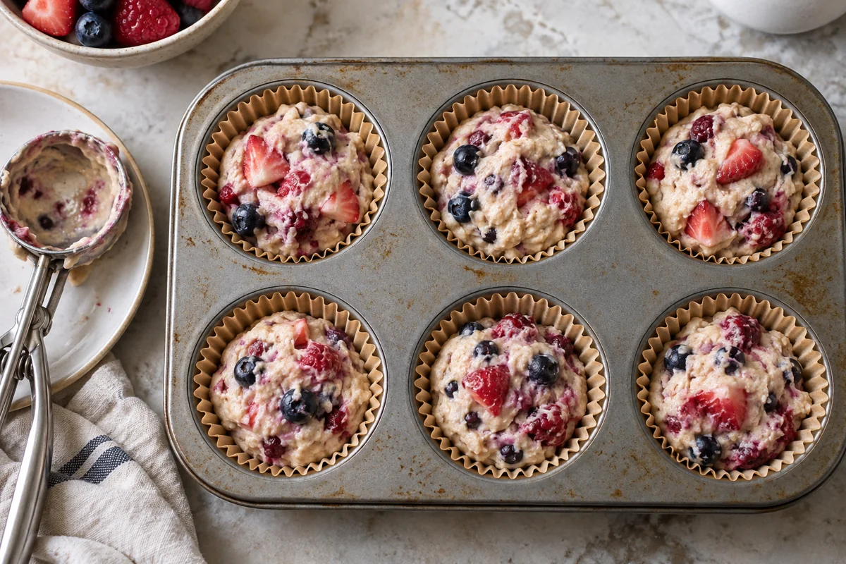 Comparable muffin portions with berries distributed across the tray Comparable muffin portions with berries distributed across the tray