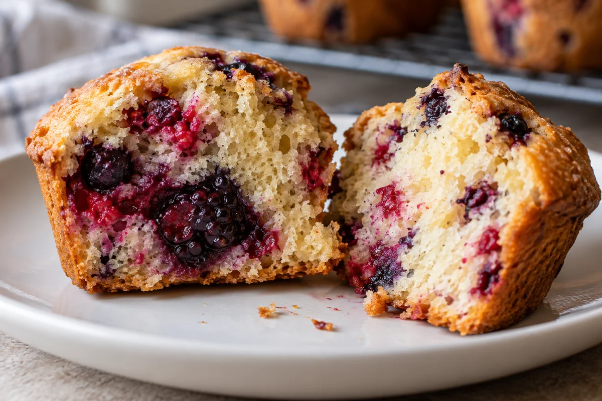 Cut muffin showing set crumb beside a berry pocket Cut muffin showing set crumb beside a berry pocket