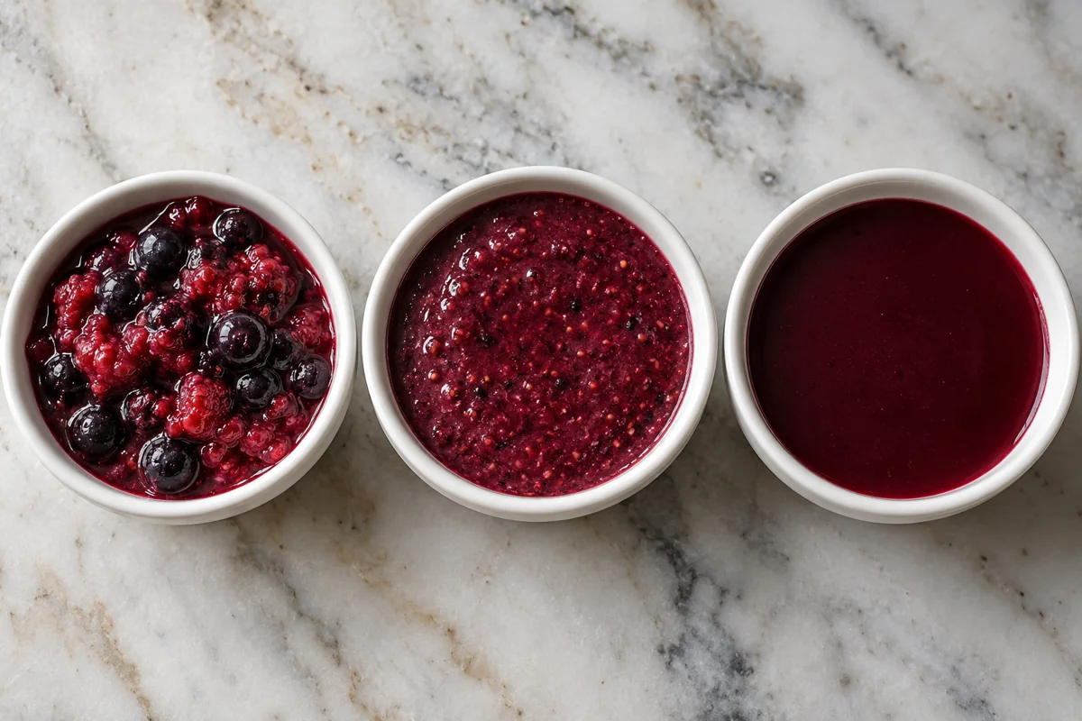 Chunky, blended and strained berry preparations compared