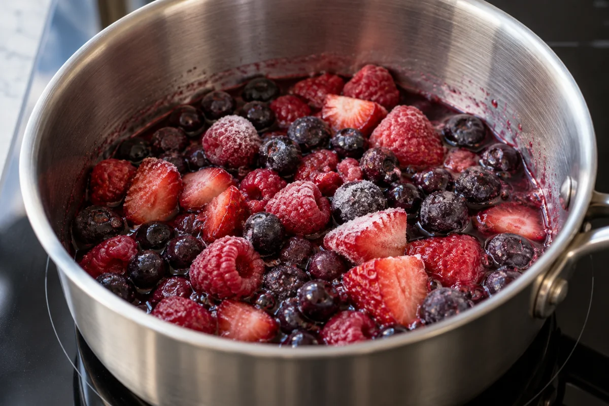 Mixed berries releasing juice as they warm in a saucepan