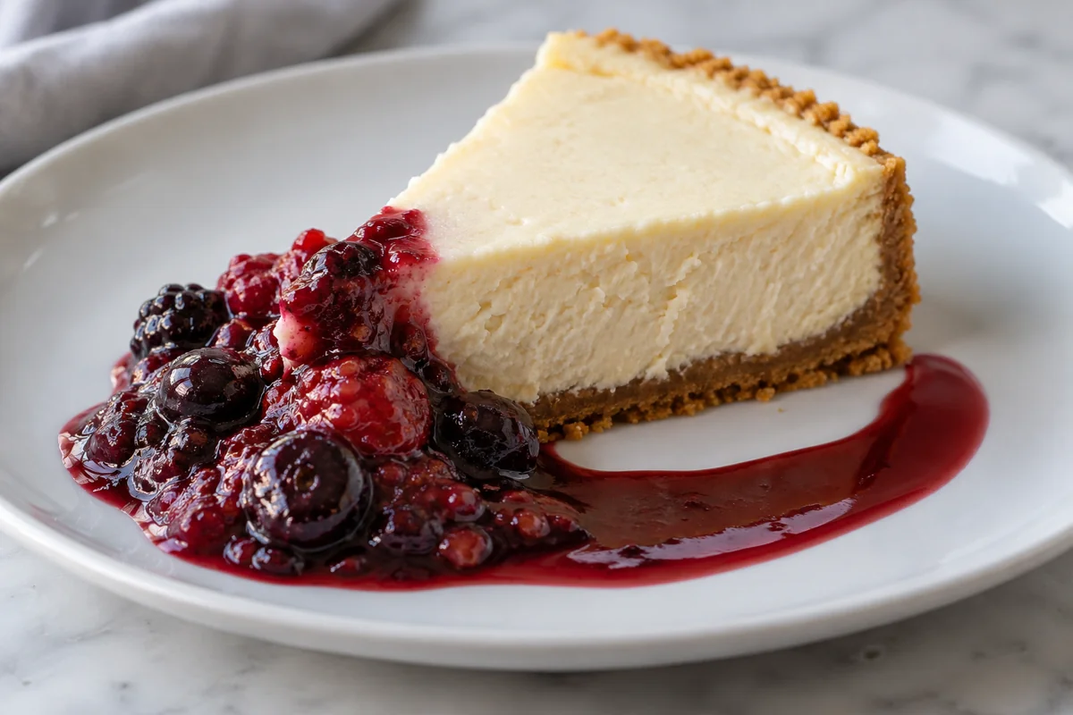 Compote and smooth berry sauce served beside cheesecake