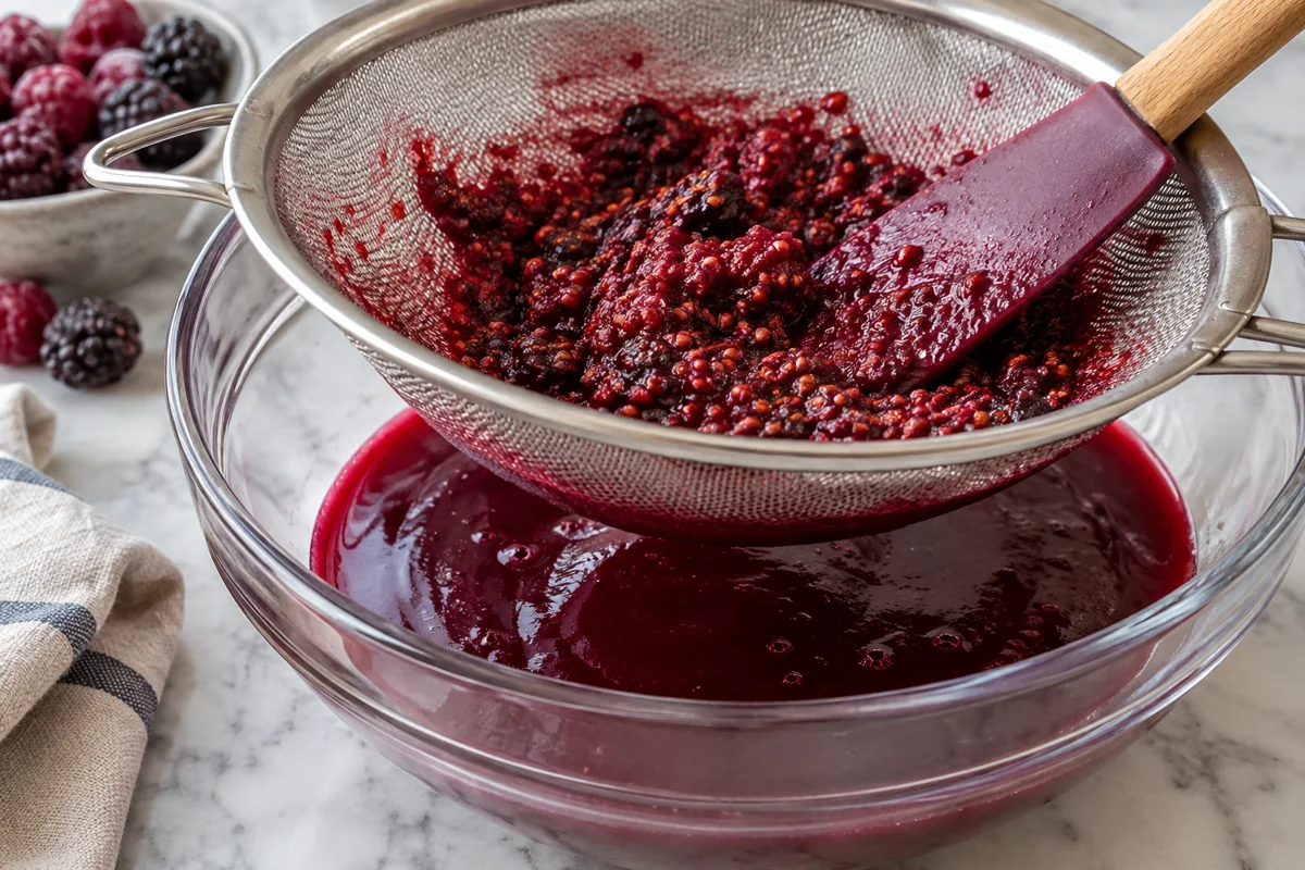 Berry seeds retained in a sieve above strained sauce