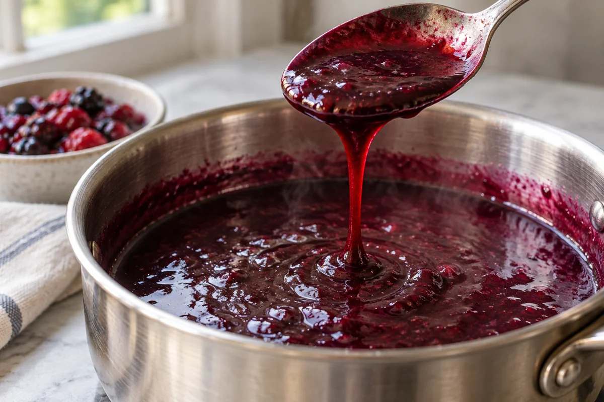 Berry sauce coating a spoon and falling in a continuous ribbon