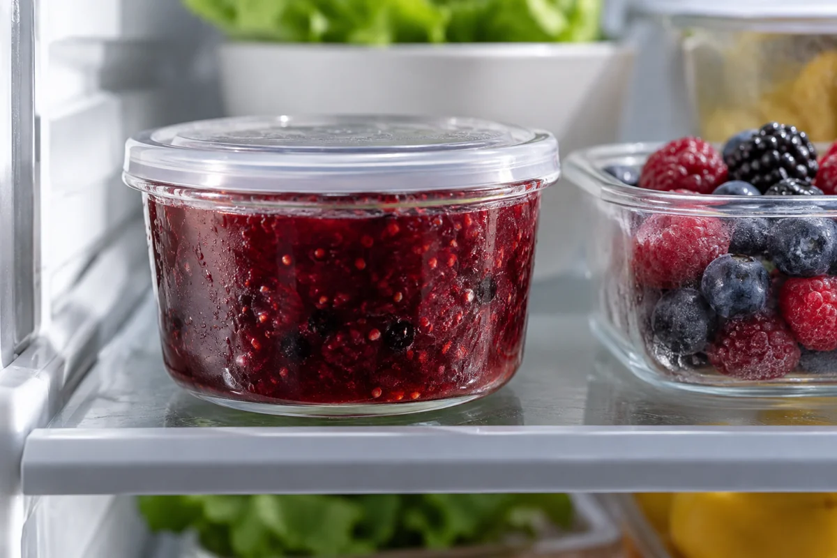Berry spread in a covered container under refrigeration Berry spread in a covered container under refrigeration