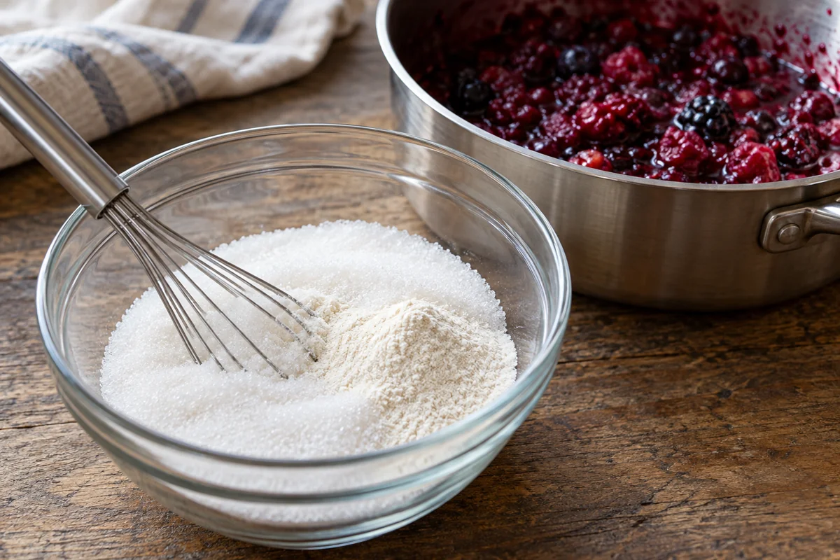 Dry pectin and sugar prepared beside crushed berries Dry pectin and sugar prepared beside crushed berries