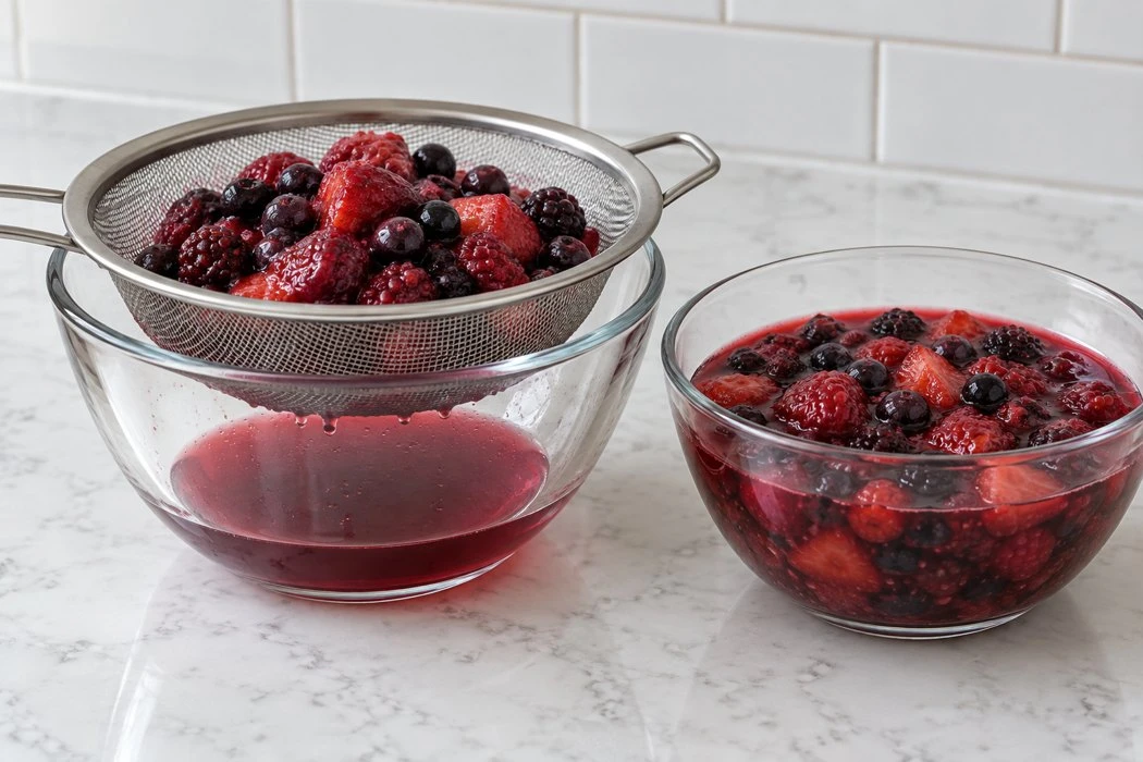 Mixed berries in a sieve over a bowl of juice beside a bowl of thawed berries