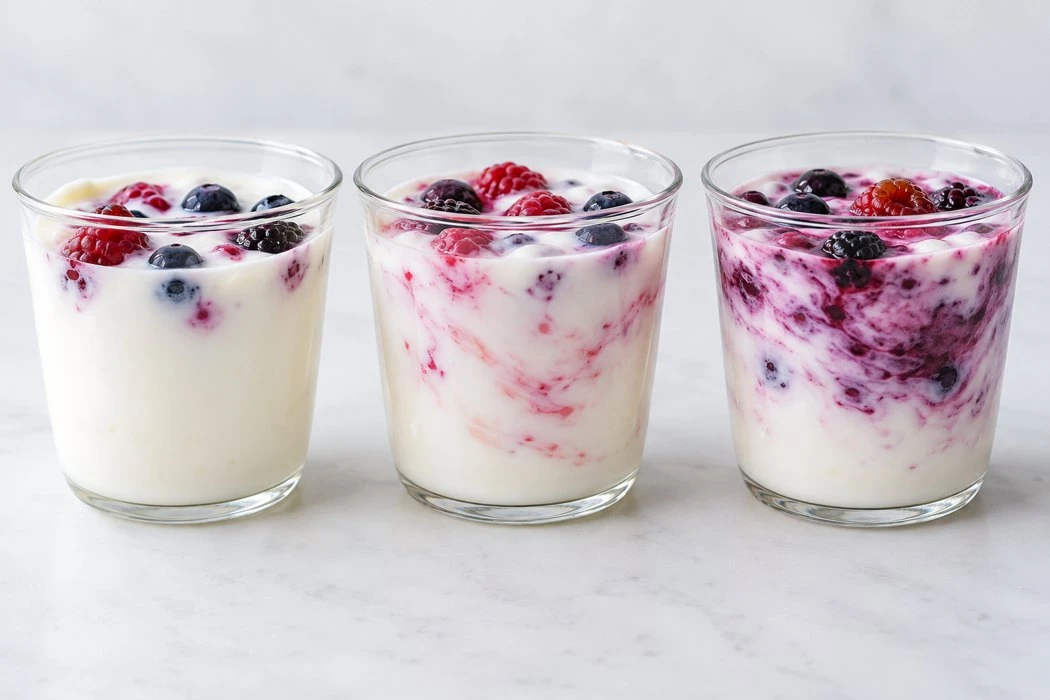 Three clear yogurt cups showing different amounts of berry marbling