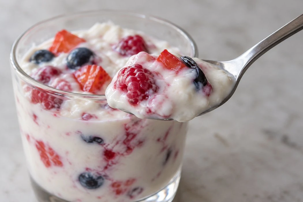 Spoon lifting yogurt and a visible berry piece from a cup