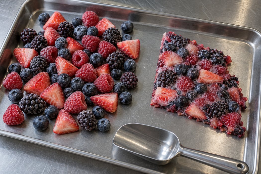 Defined separation assessment Loose frozen mixed berries beside an irregular flattened bonded cluster on a steel tray