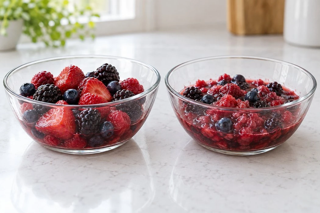 Thawed berry quality observations Two glass bowls of thawed mixed berries with different visible breakage and juice