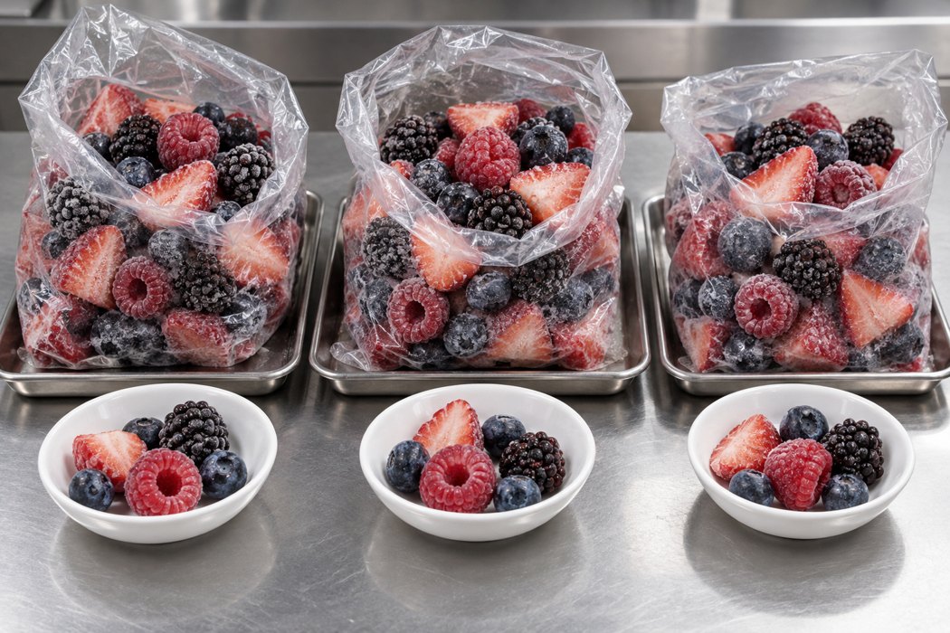 Three separate frozen berry bags and dishes showing strawberry, blueberry, raspberry and blackberry