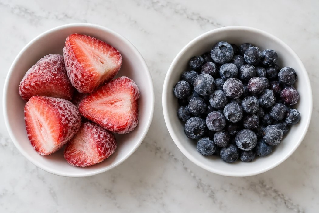 Few large strawberry pieces beside numerous smaller blueberries in separate dishes