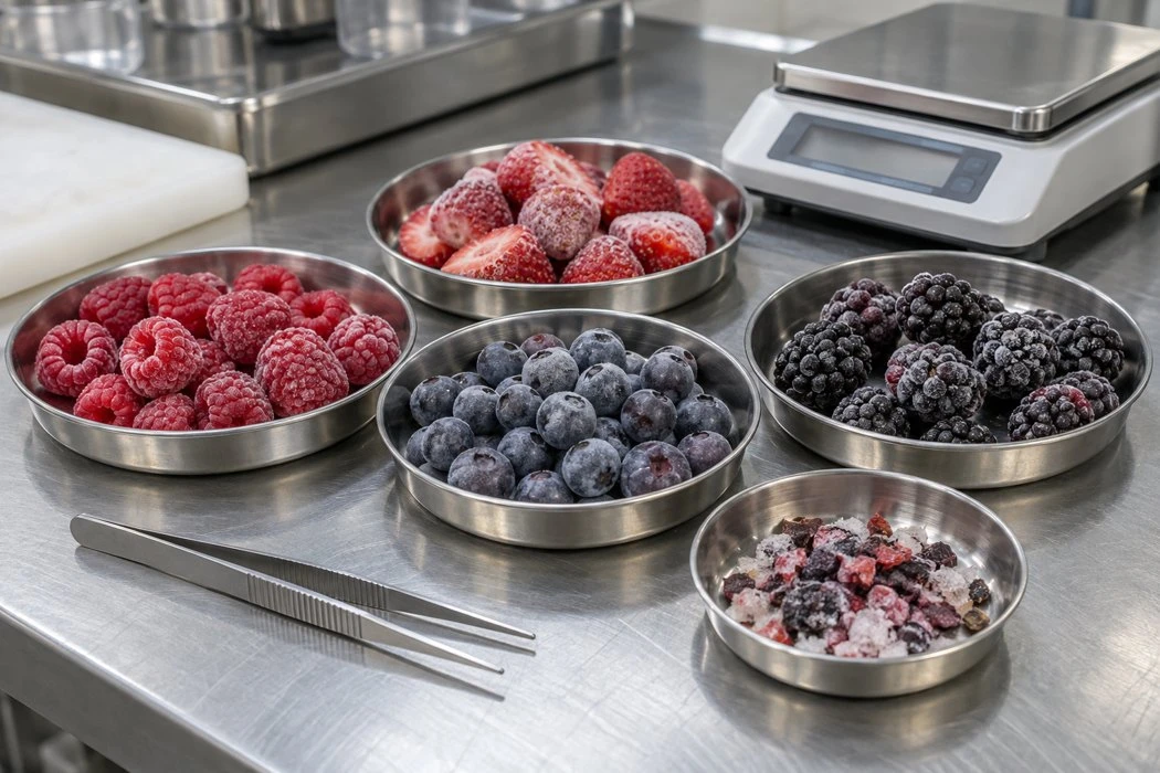 Sorted berry dishes and a separate small dish of fragments beside a balance