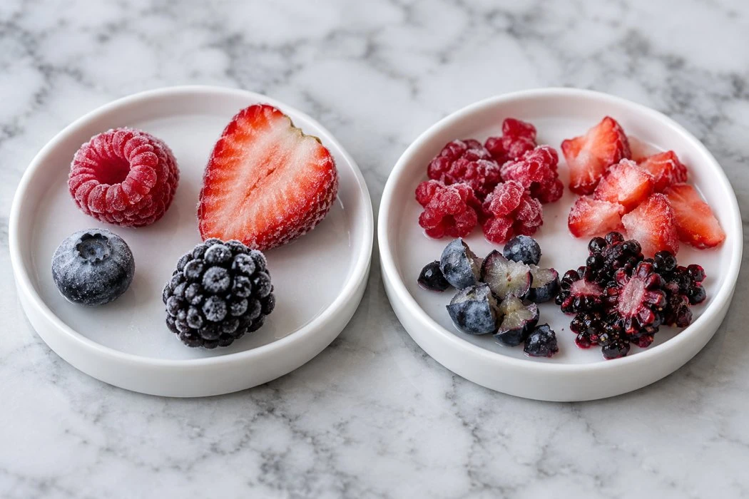 Recognizable berry pieces and a separate dish of broken berry material