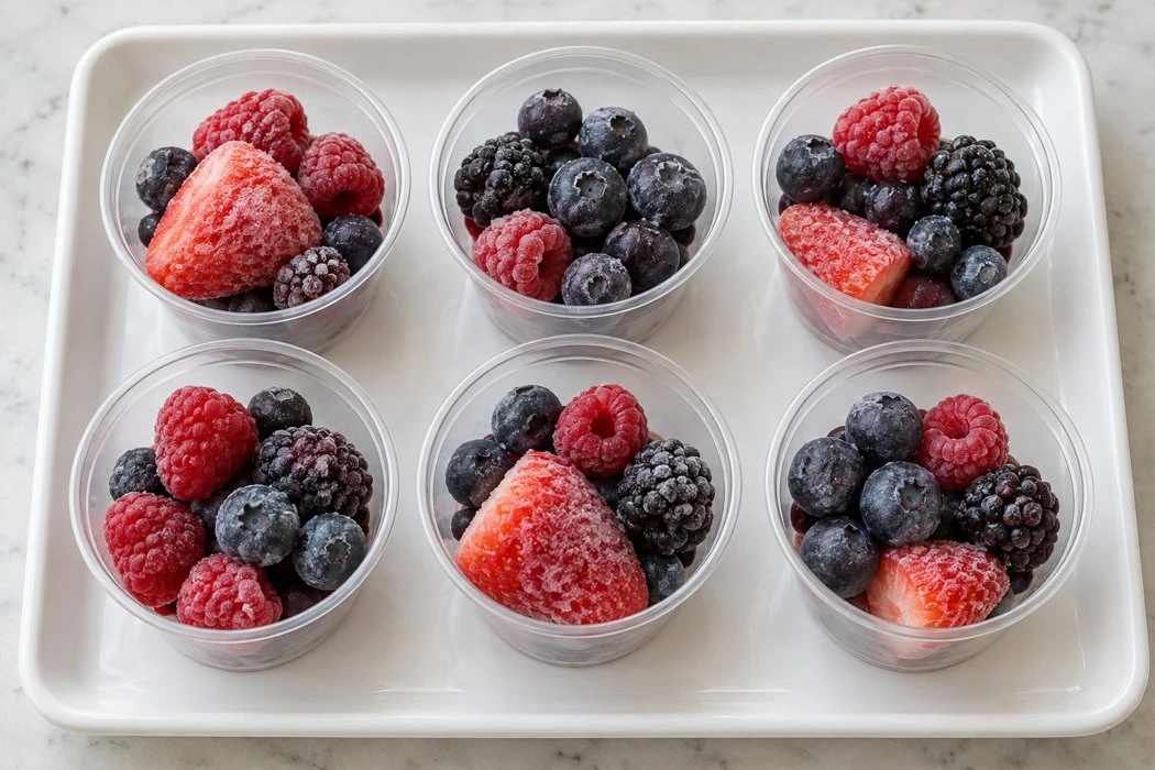 Six small cups containing different visible mixtures of berries