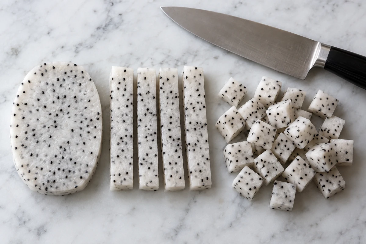 Peeled dragon fruit slab, strips and dice beside a knife Peeled dragon fruit slab, strips and dice beside a knife