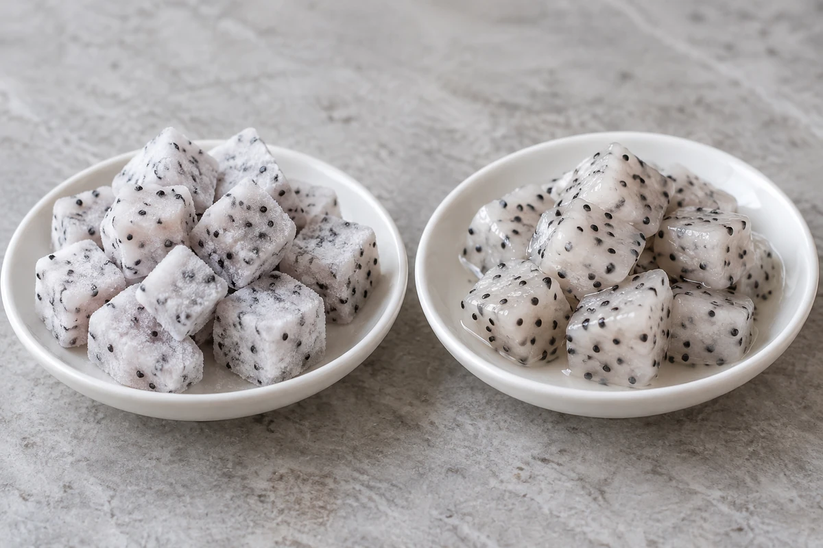 Frozen and thawed white dragon fruit pieces on separate saucers Frozen and thawed white dragon fruit pieces on separate saucers