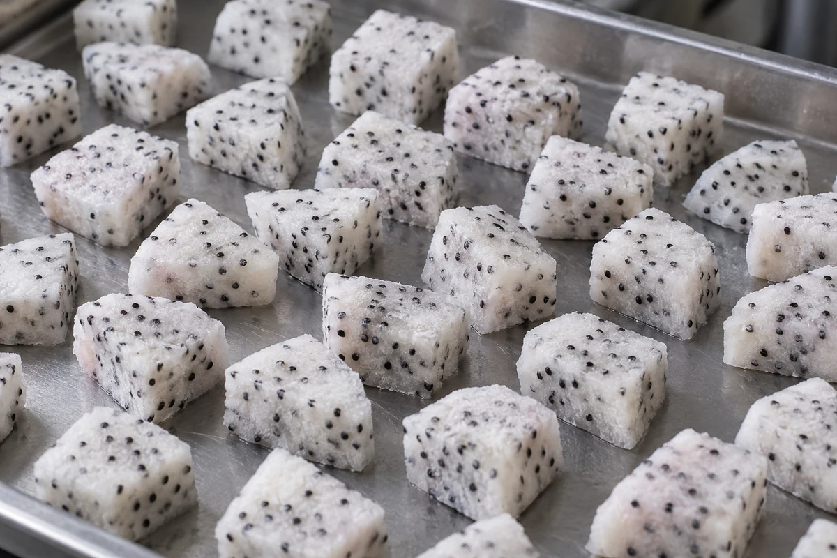 Separated white dragon fruit dice on a freezing tray Separated white dragon fruit dice on a freezing tray