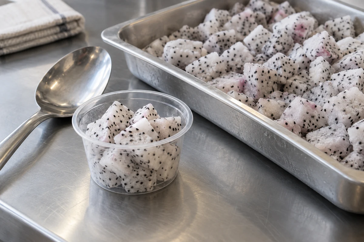 Dragon fruit pieces in a portion cup beside a tray and spoon Dragon fruit pieces in a portion cup beside a tray and spoon