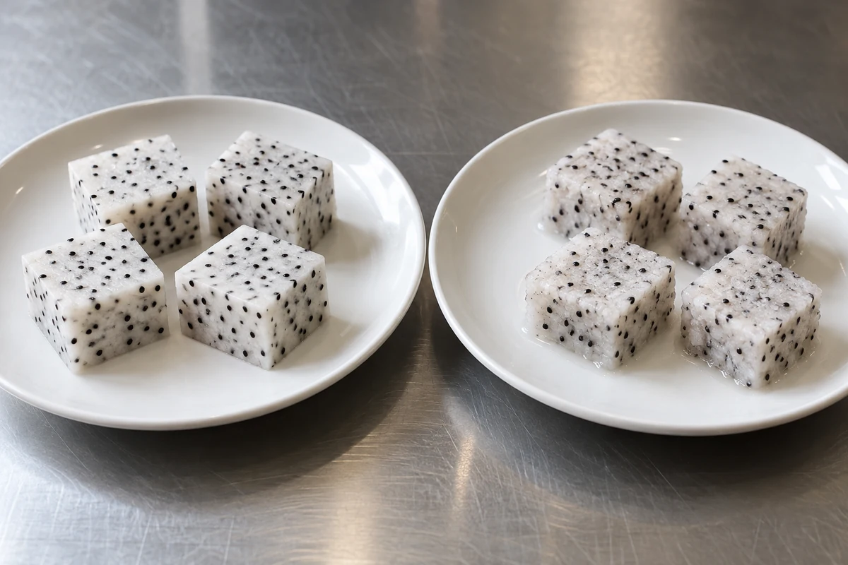White dragon fruit pieces with clean and softened cut edges White dragon fruit pieces with clean and softened cut edges