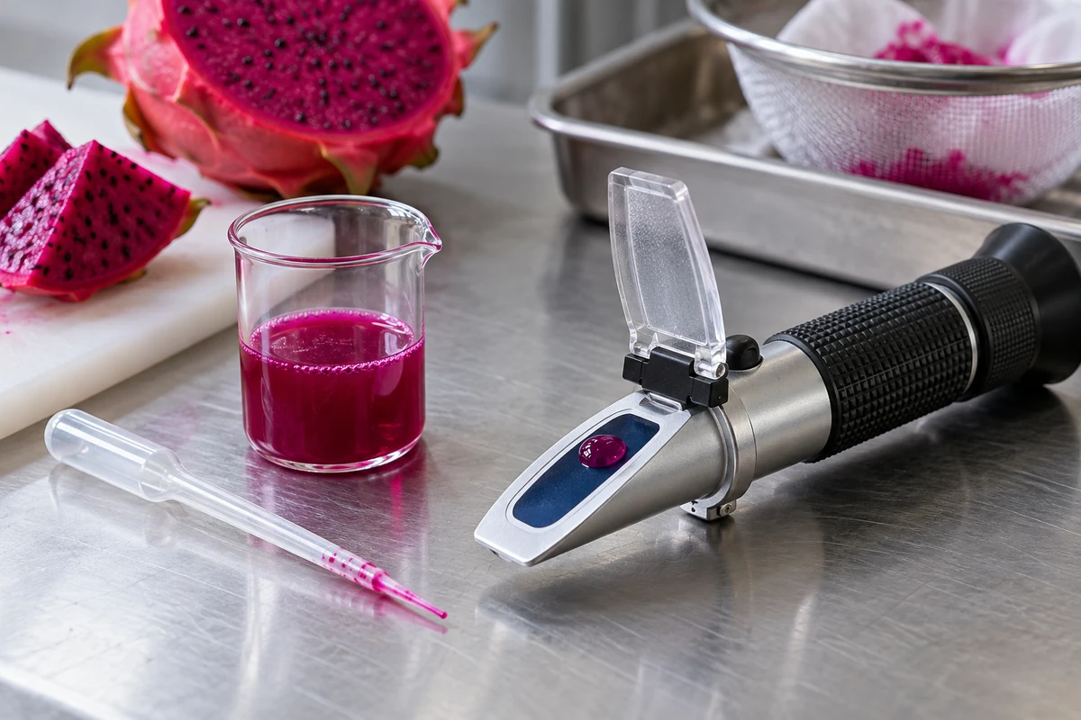 Dragon fruit juice and a refractometer prepared for sampling Dragon fruit juice and a refractometer prepared for sampling