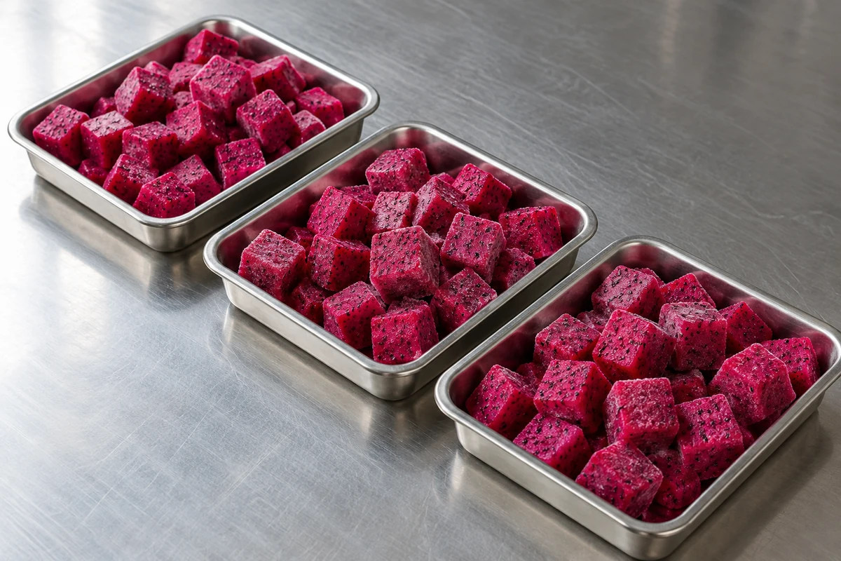 Three separate trays of matched red dragon fruit dice Three separate trays of matched red dragon fruit dice