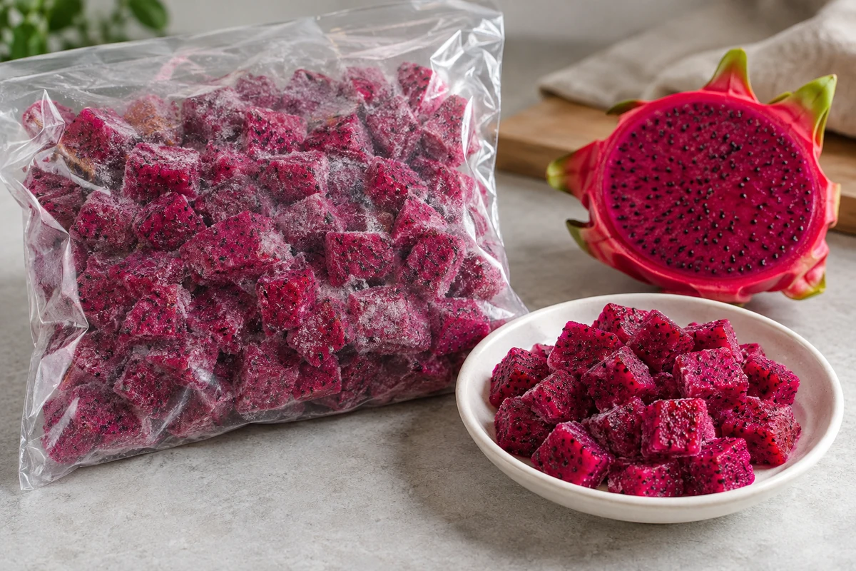 Packed red dragon fruit dice beside fruit and a sample dish Packed red dragon fruit dice beside fruit and a sample dish
