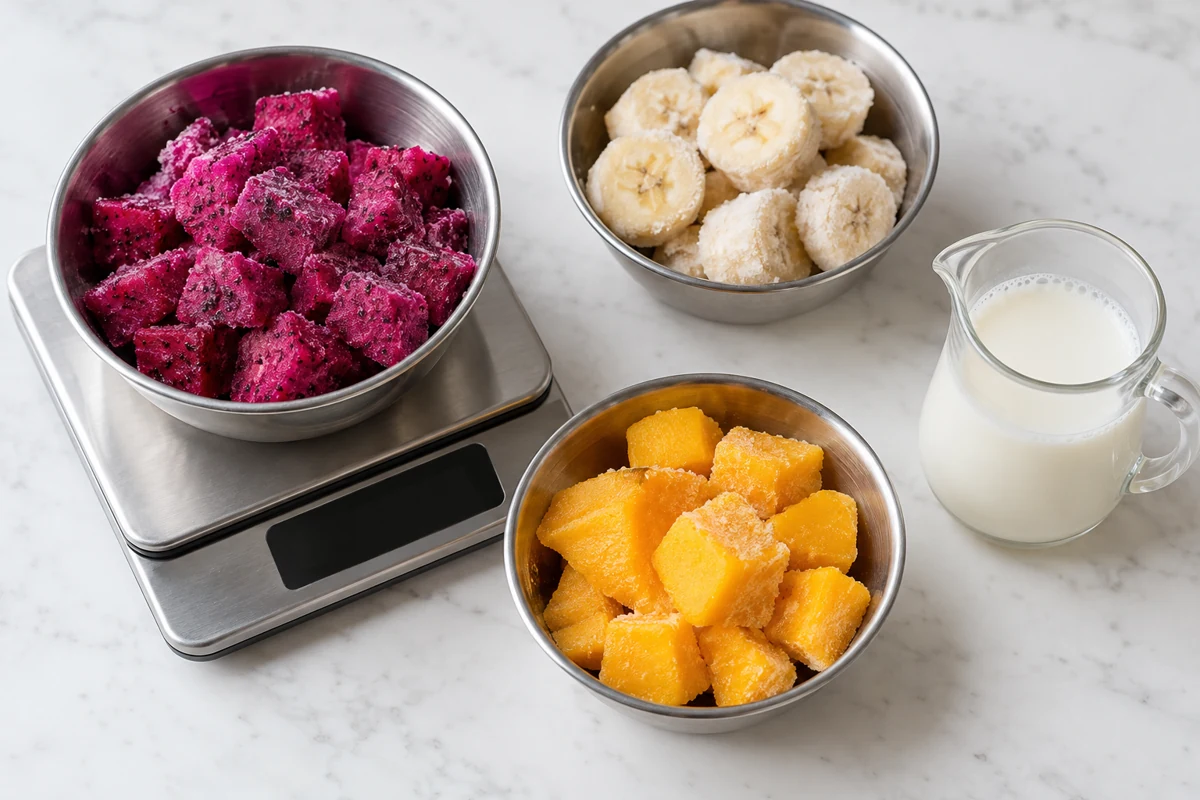 Weighed-style dishes of red dragon fruit, banana and mango beside a liquid jug Weighed-style dishes of red dragon fruit, banana and mango beside a liquid jug