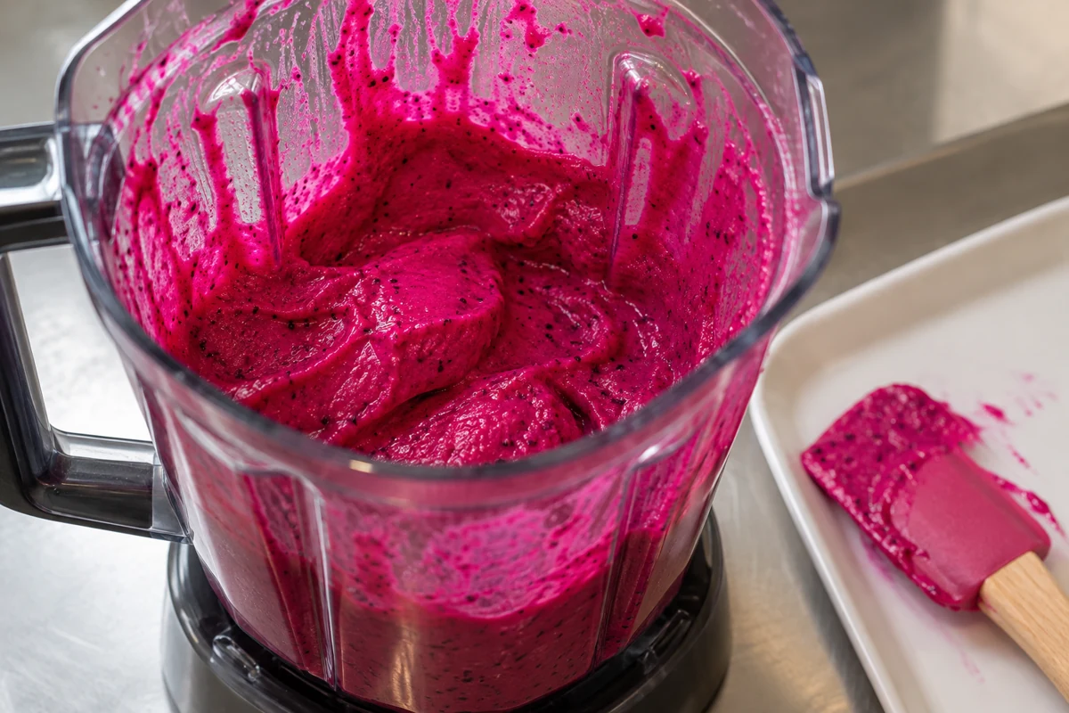 Thick seeded dragon fruit base inside a stopped blender jug Thick seeded dragon fruit base inside a stopped blender jug
