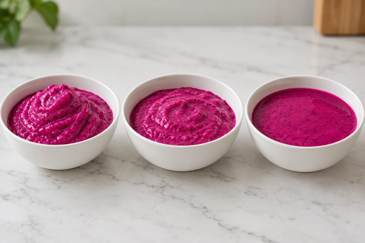 Three dragon fruit bowls illustrating progressively softer base textures Three dragon fruit bowls illustrating progressively softer base textures