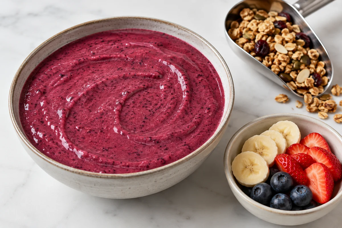 Dragon fruit bowl beside a measured-style granola scoop and fruit toppings Dragon fruit bowl beside a measured-style granola scoop and fruit toppings