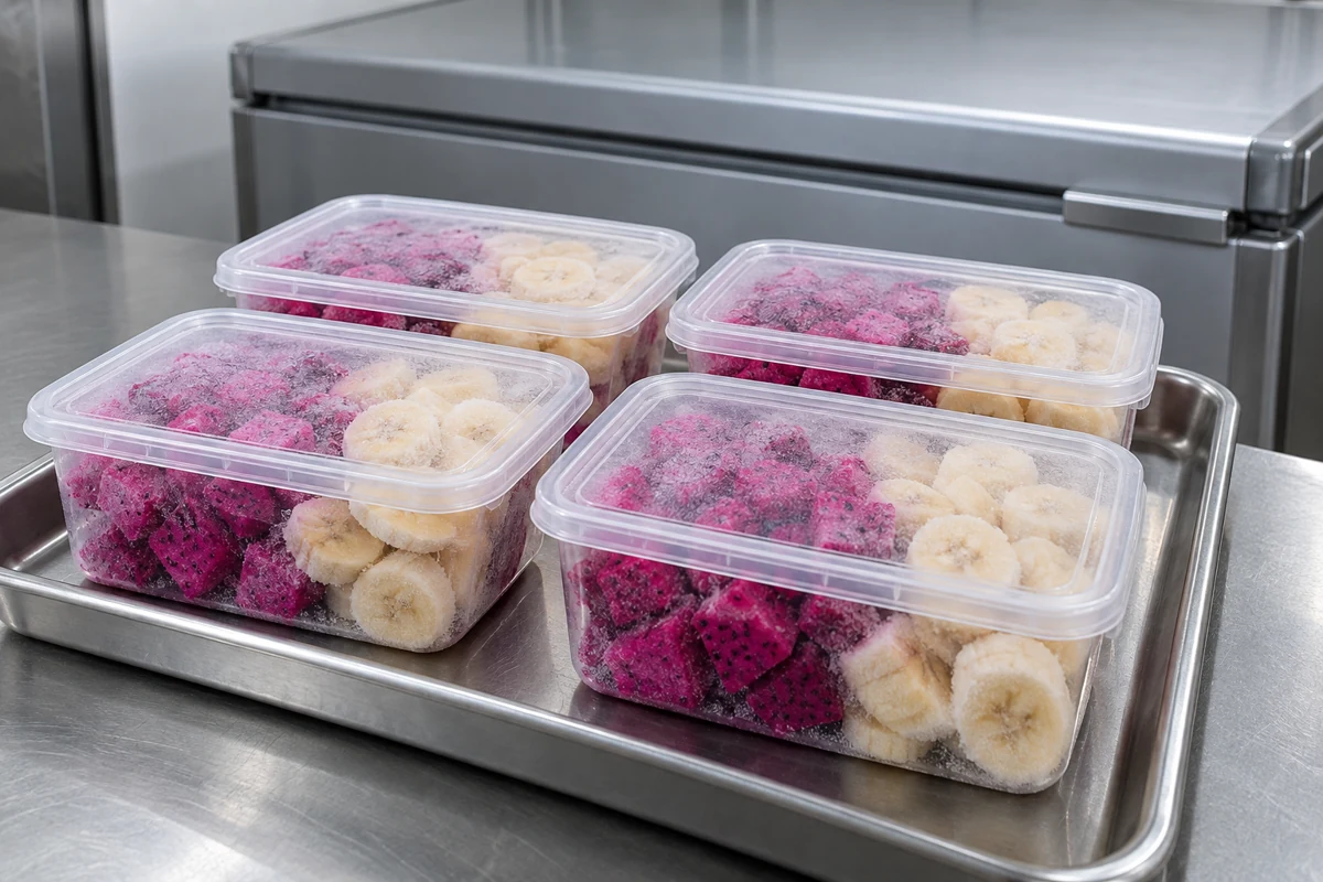 Four closed packs of frozen dragon fruit portions on a stainless tray Four closed packs of frozen dragon fruit portions on a stainless tray