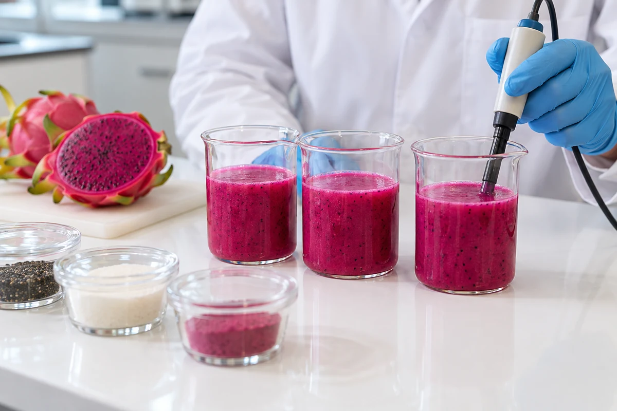 Probe held in a beaker of magenta dragon fruit drink on a development bench