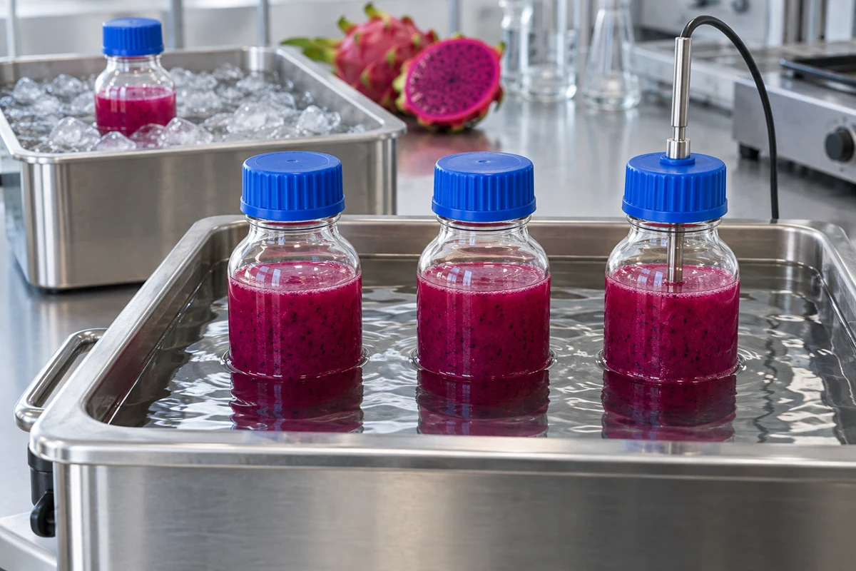 Smooth laboratory glass bottles of dragon fruit drink in a water bath