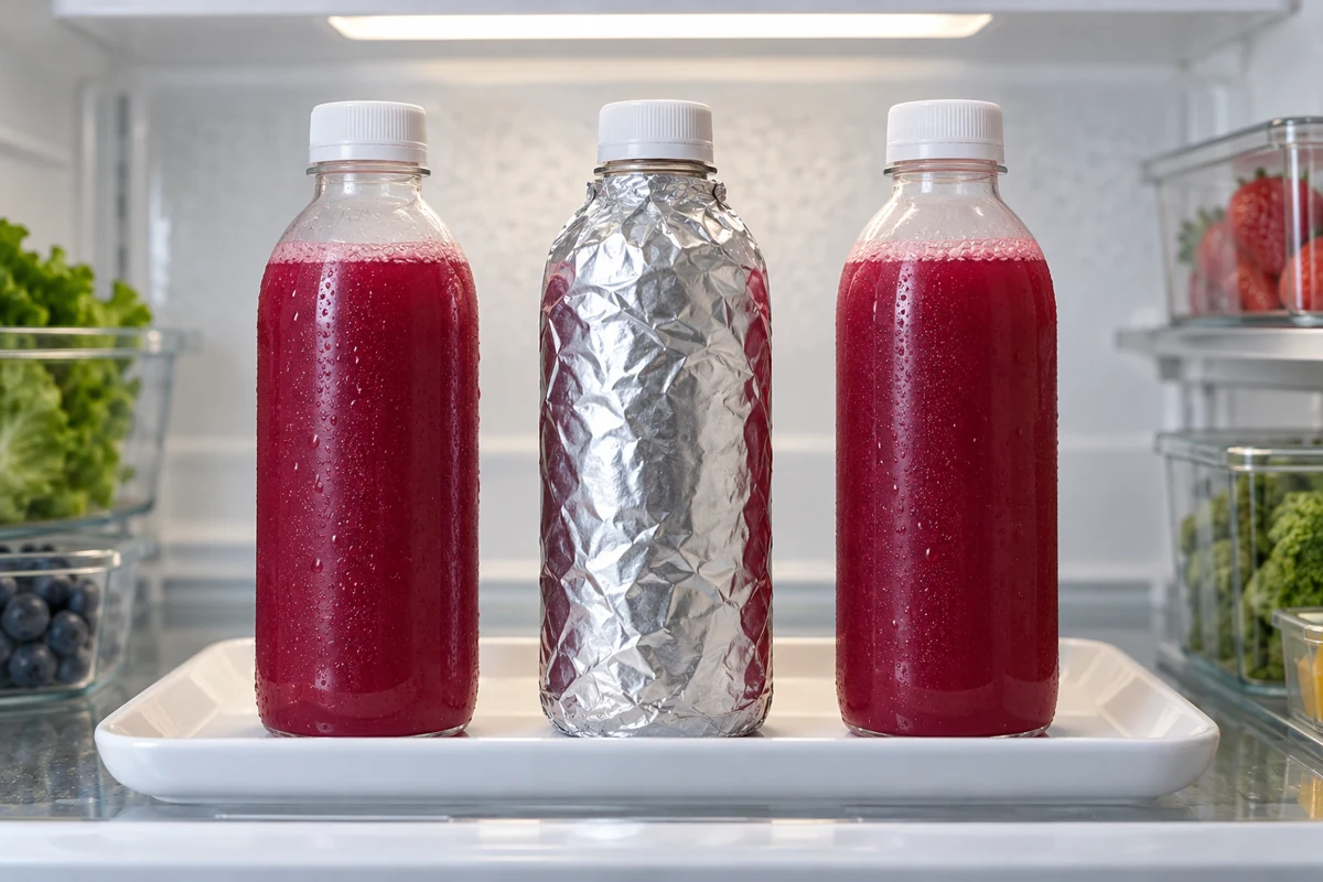 Three capped dragon fruit drinks with one bottle shielded by opaque foil
