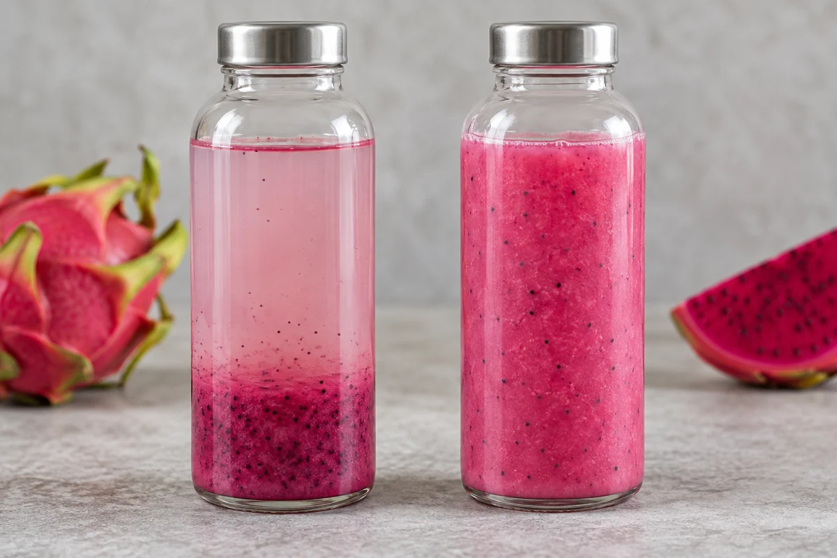 Settled dragon fruit drink beside a uniformly cloudy comparison