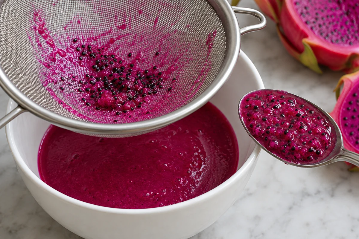Sieve retaining dragon fruit seeds and pulp above recovered puree Sieve retaining dragon fruit seeds and pulp above recovered puree