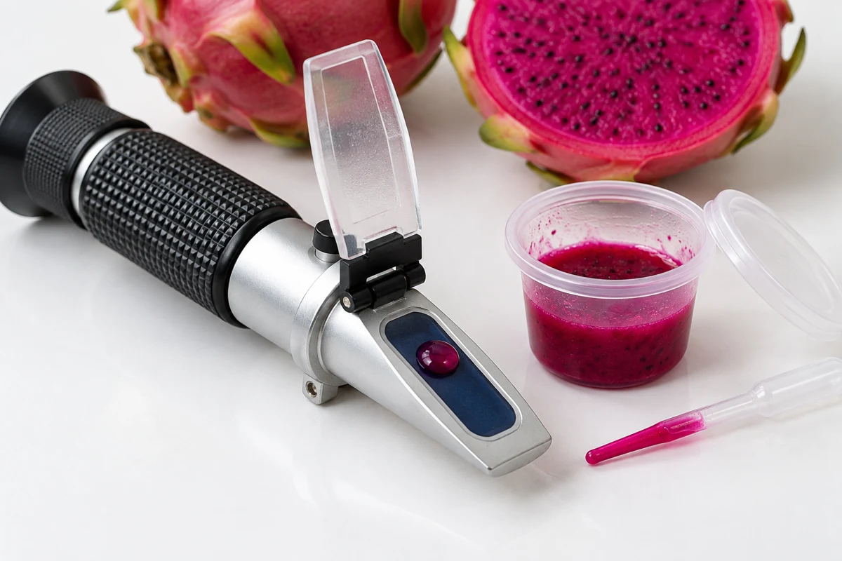 Drop of magenta fruit liquid on an open refractometer prism Drop of magenta fruit liquid on an open refractometer prism