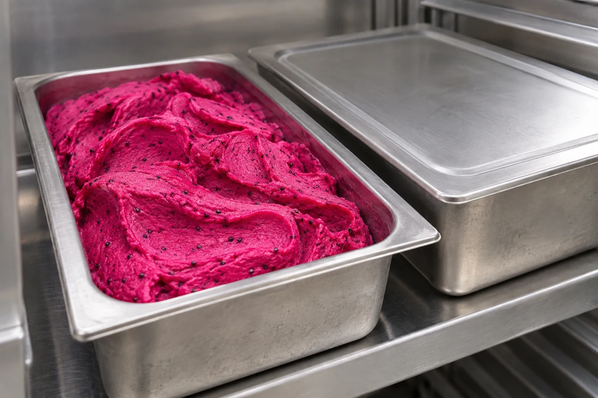 Open sorbet pan beside a covered pan on a stainless freezer shelf Open sorbet pan beside a covered pan on a stainless freezer shelf