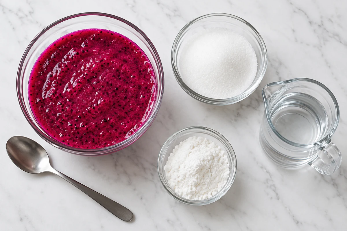 Dragon fruit puree, white sugar, glucose-style powder and water on a bench Dragon fruit puree, white sugar, glucose-style powder and water on a bench