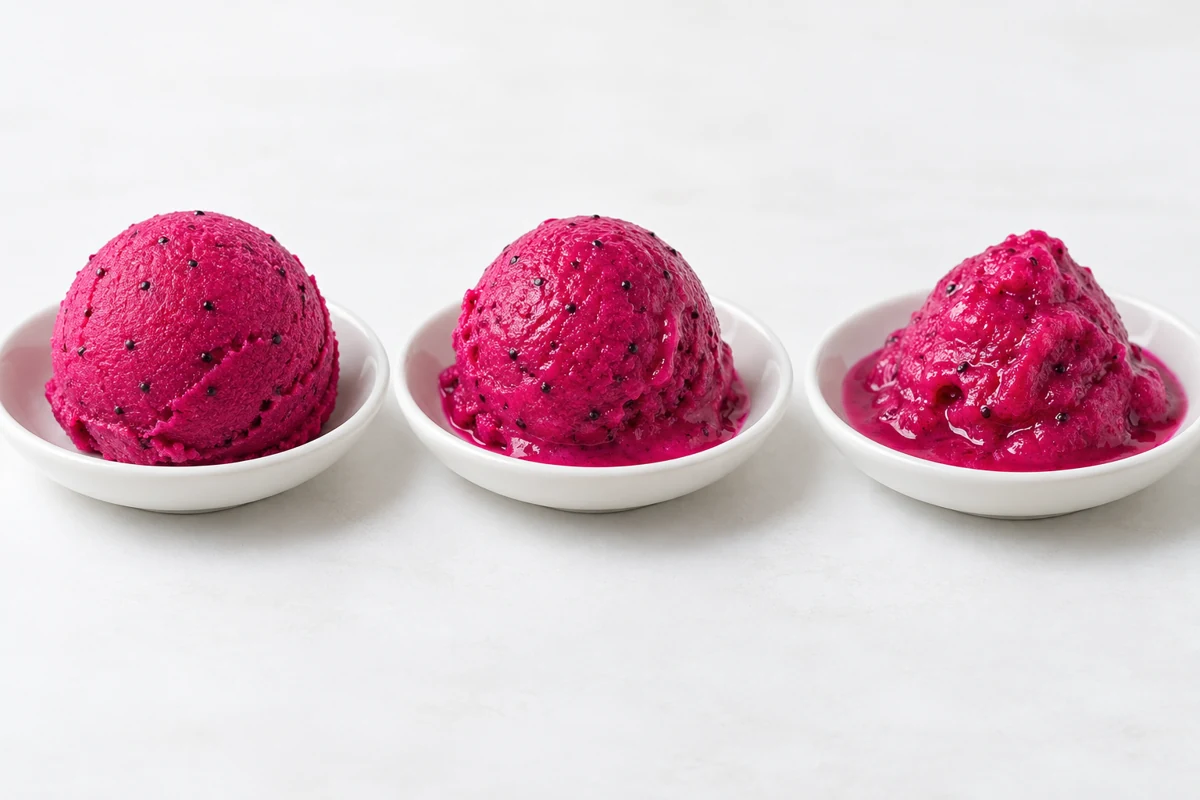 Three dragon fruit sorbet portions illustrating shape loss and melt pooling Three dragon fruit sorbet portions illustrating shape loss and melt pooling
