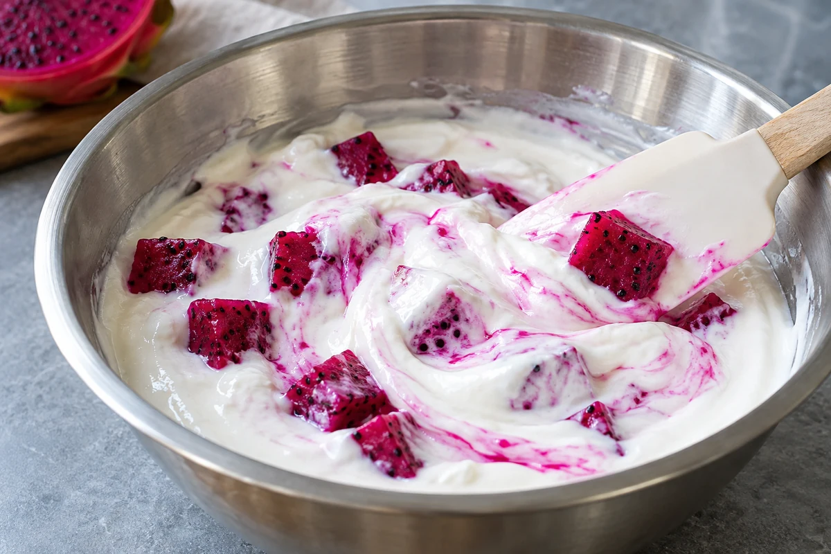 Dragon fruit pieces in yogurt with a broad folding spatula Dragon fruit pieces in yogurt with a broad folding spatula