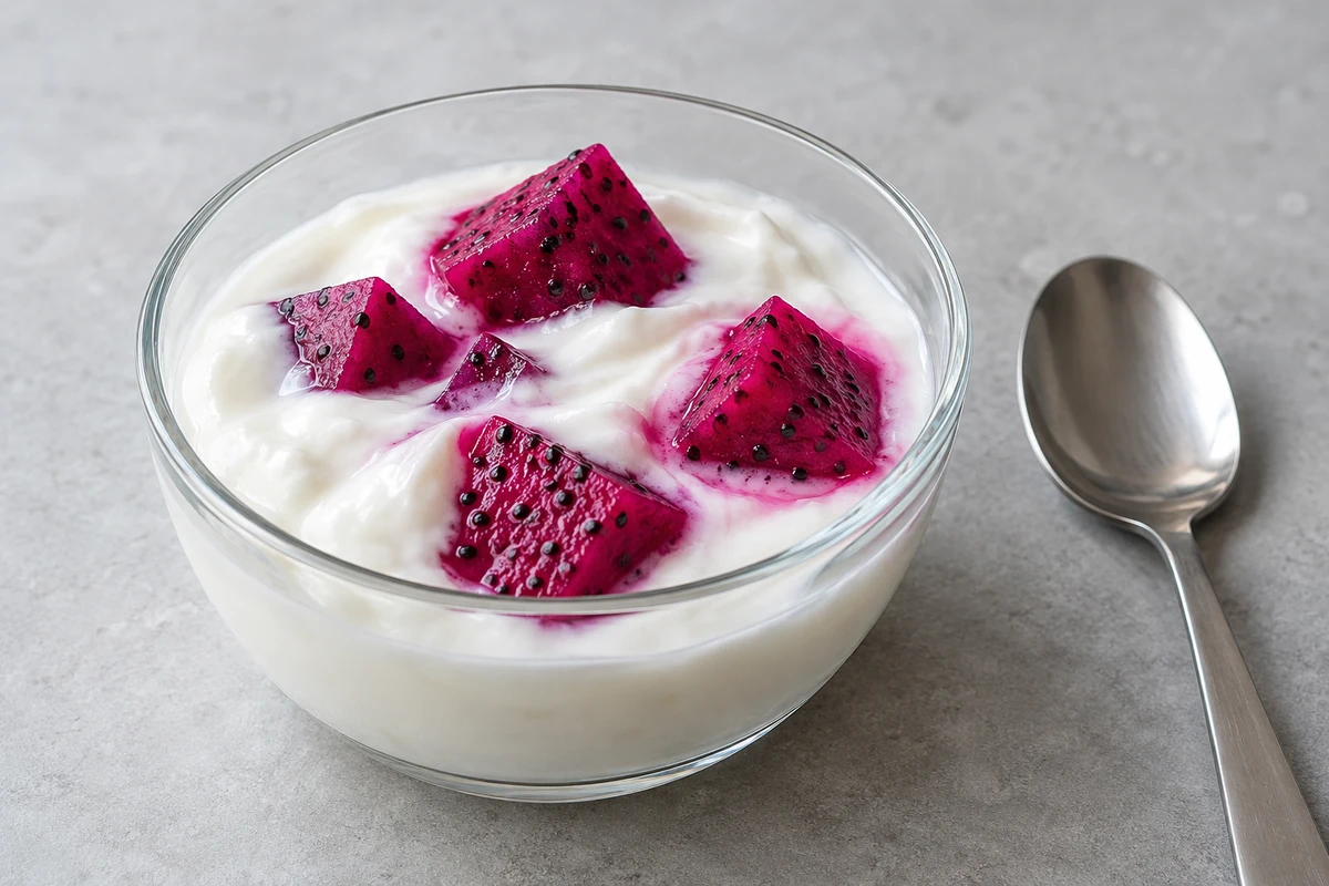 Red dragon fruit dice forming pink halos in white yogurt Red dragon fruit dice forming pink halos in white yogurt
