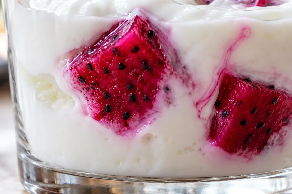 Pink color migration around dragon fruit in white yogurt Pink color migration around dragon fruit in white yogurt