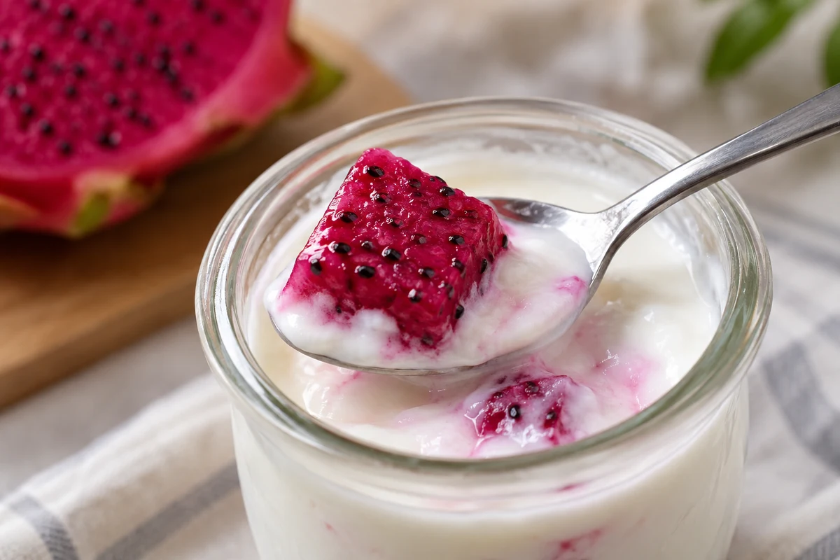 A recognizable red dragon fruit piece on a yogurt spoon A recognizable red dragon fruit piece on a yogurt spoon